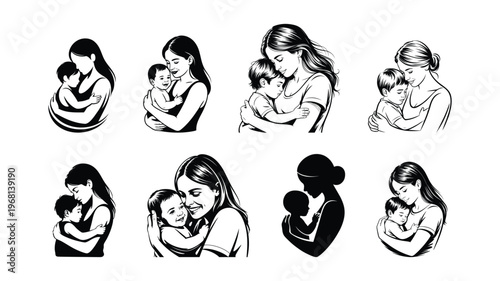 Set of black and white mother and child illustrations showing tender moments and maternal love.