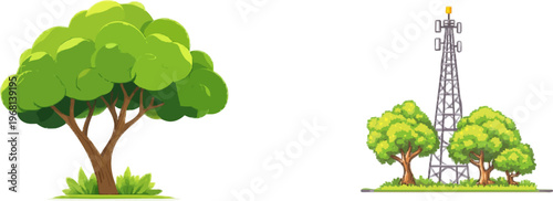 A sleek 6G antenna seamlessly integrates into a lush, natural tree structure, blending seamlessly with the forest environment in a professional, 2D illustration style