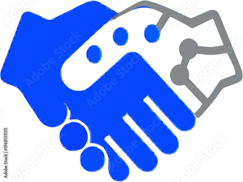 A vivid blue human hand meets a gray robotic counterpart in an abstract geometric backdrop of data nodes, symbolizing the intersection of human and machine collaboration 