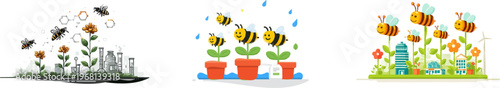 A group of small robotic bees pollinate flowers in a high-tech greenhouse, surrounded by clean, geometric shapes and high-contrast colors, symbolizing