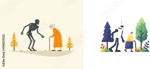 A humanoid robot in a sunlit park offers assistance to an elderly woman using a cane, embodying empathy and care through its gentle interaction with the natural surroundings