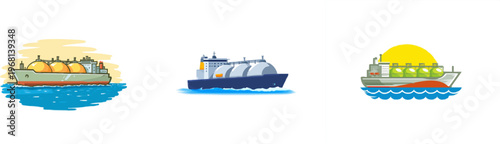 A sleek, large liquid hydrogen transport ship adorned in vibrant blue and silver hues glides gracefully across a calm, serene ocean under a soft yellow sky