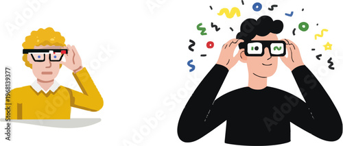 A person wearing smart glasses with an anonymous face uses them to describe the environment through audio cues in a clean, vibrant illustration