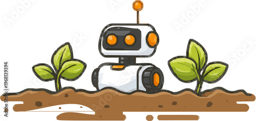 A sleek, autonomous weeding robot utilizing laser precision navigates a field of young vegetable plants in a clean green and white design