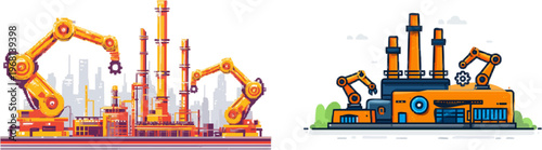 A futuristic orbital manufacturing facility features two robotic arms constructing a small satellite amidst a cityscape backdrop, showcasing advanced technology in the space industry