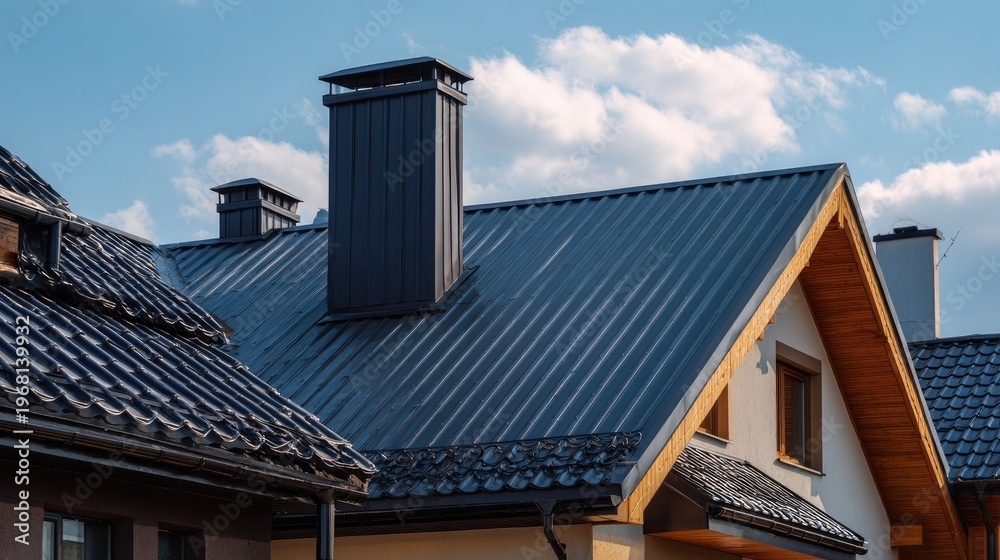 Obraz premium Modern house roof with chimney against sky and clouds