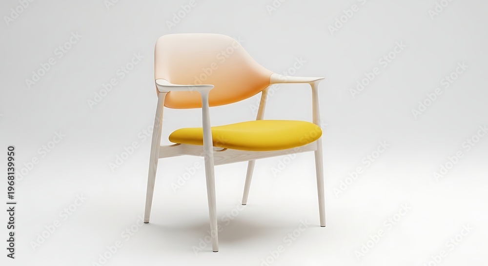 Fototapeta premium Modern minimalist armchair with light wood frame and vibrant yellow and peach cushioned seating