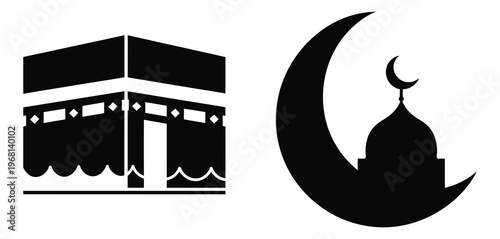 Kaaba Crescent Mosque Icons Islam Hajj Ramadan Religious Prayer Worship Pilgrimage Muslim Symbol Silhouette Vector Illustration Collection Isolated Background