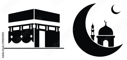 Kaaba Crescent Mosque Icons Islam Hajj Ramadan Religious Prayer Worship Pilgrimage Muslim Symbol Silhouette Vector Illustration Set Isolated Background