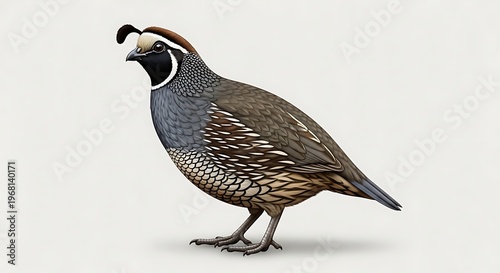 Illustrated realistic depiction of a California quail standing naturally with detailed feather patterns and crest