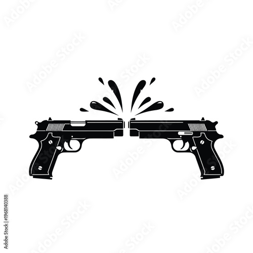 Two handguns facing each other with a splash effect between them vector