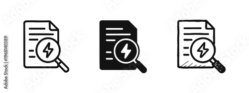 Document Analysis with Lightning Bolt and Magnifying Glass Icon in Various Styles