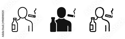Person with Alcohol Bottle and Smoking Cigarette Icon Set for Unhealthy Habits