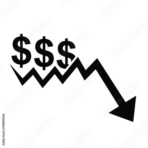 Financial crisis icon with dollar signs and a downward trending arrow vector