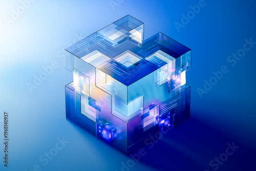 3D Glass Code Cube with translucent block and data glow