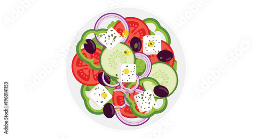 Vibrant medley of fresh vegetables and creamy feta cheese artfully arranged in a clean white bowl, showcasing healthy delicious natural ingredients