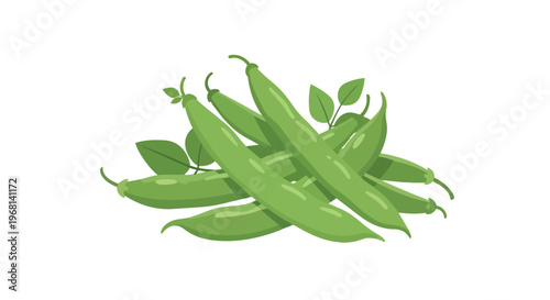 Freshly harvested vibrant green bean pods with delicate leaves, an illustration capturing nature's healthy bounty and garden freshness perfect for