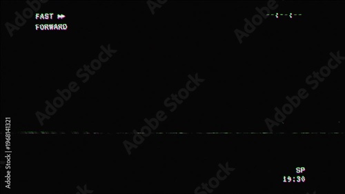 Old tape fast forward VHS animation on black background with analog interference, TV noise and glitch artifact 4K resolution.