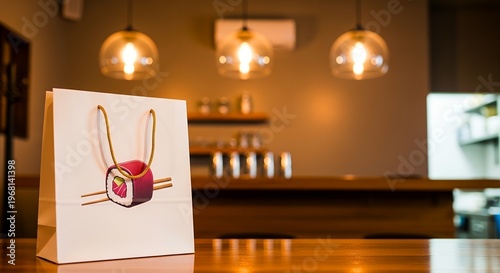White paper bag with sushi design sits on wooden table. Warm pendant lights glow softly above. Background shows blurred bar or cafe interior. Soft focus emphasizes the bag's playful design