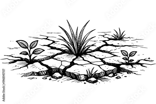 Minimal Line Art Landscape with Cracks and Vegetation