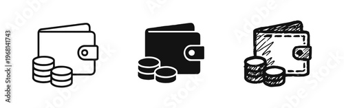 Wallet and coins finance icon set, money payment symbol, budget savings concept, financial transaction.