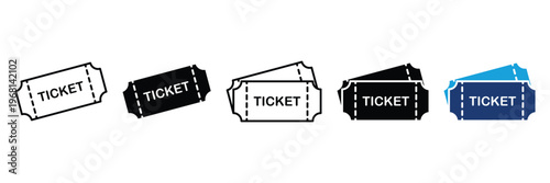 Ticket icon set with single and double admission coupons in outline solid and colorful styles for cinema theater event and travel vector illustration.