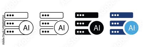Ai data center server rack icon set with cloud computing database technology and artificial intelligence network storage symbol.