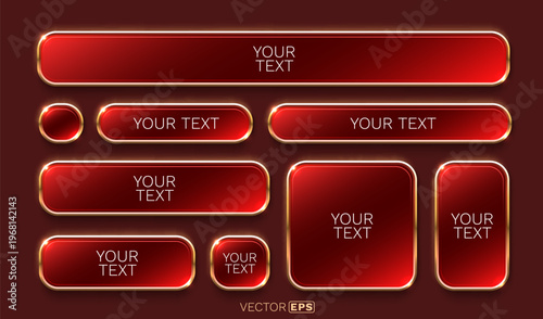 Premium glossy red buttons and frames with golden borders. A modern set for your design needs.