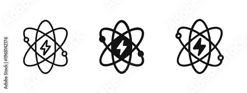 Atom with lightning bolt nuclear energy icon set, atomic power symbol, science physics concept, renewable energy.