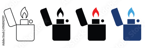 Gasoline lighter icon set featuring classic metal flip top designs with fire flame in outline, solid black, and colorful styles vector illustration.