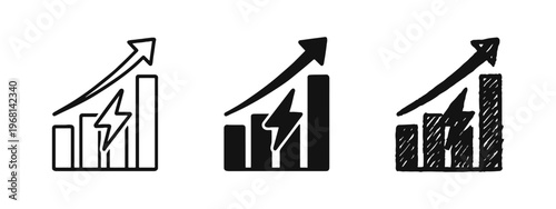 Growing Energy Consumption Bar Chart Icon Set, Power Demand Increase and Electricity Growth Graph Symbols