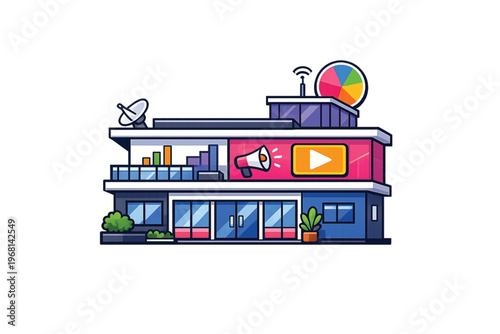 Colorful building with satellite dish and video play button on pink sign