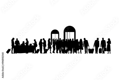 Silhouette of Arrival: a crowd of silhouettes, travelers in line with their luggage, create an atmosphere of anticipation at a station or entrance.