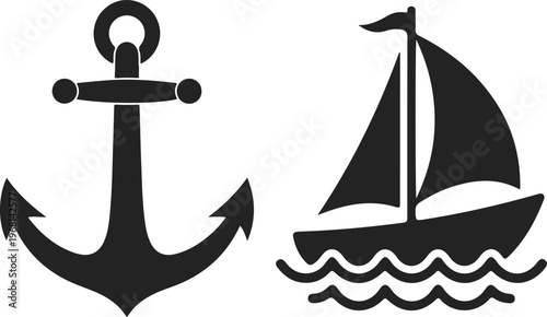 Anchor and sailboat icons set, nautical symbols for marine design