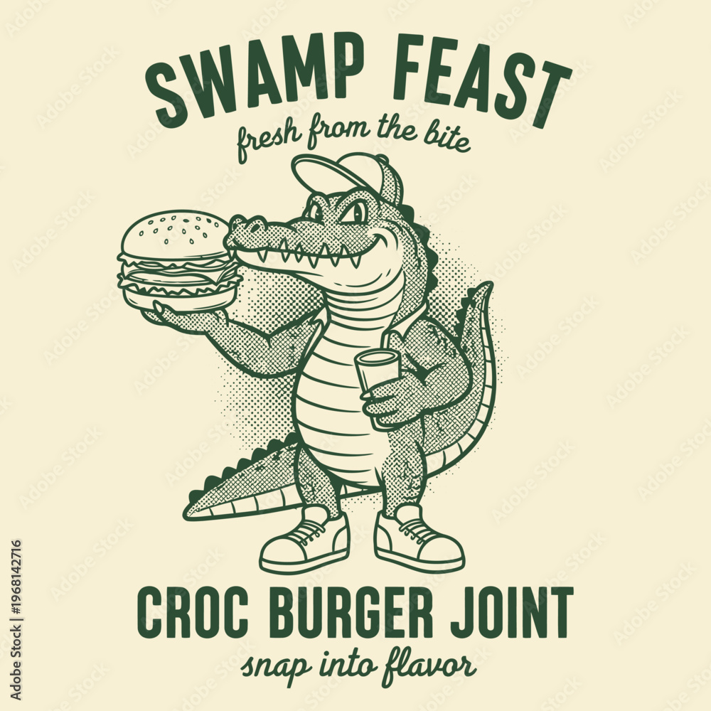 Fototapeta premium Crocodile Holding a Burger and Cup.