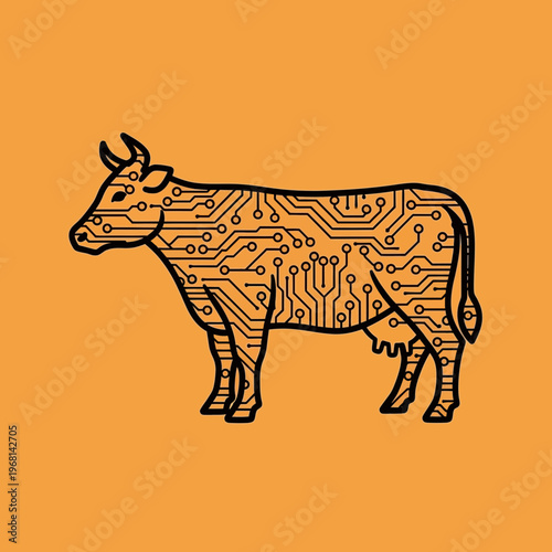A digital cow with circuit board patterns inside its silhouette, standing on a solid orange background, representing technology in agriculture.