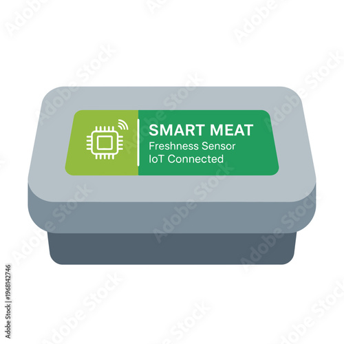 A smart meat package with an IoT-connected freshness sensor, indicating modern food technology and supply chain monitoring.