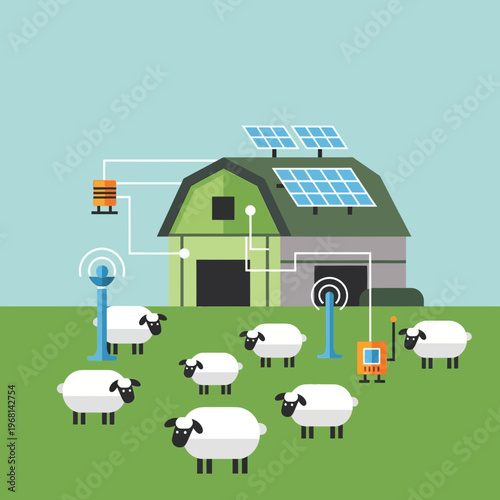 Smart farming concept with sheep, a barn with solar panels, and wireless monitoring technology in a green field.