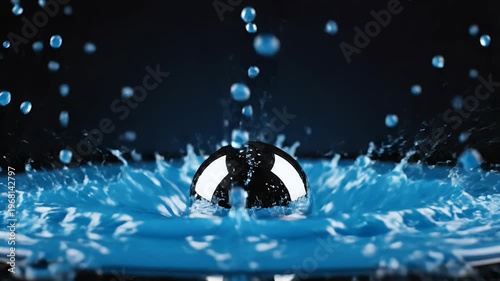 Blue liquid splash crown formation with droplets suspended in air
