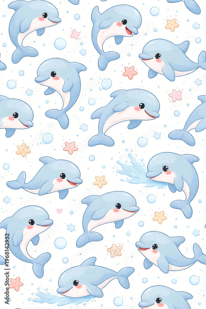 Fototapeta premium Kawaii Dolphin Seamless Pattern Cute Ocean Animal Background