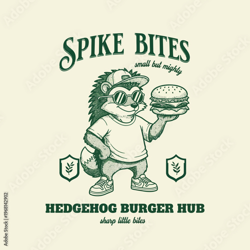 Hedgehog holding a burger happily outside.