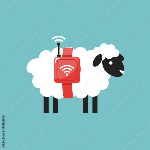 A cartoon sheep wearing a red smartwatch with an antenna and Wi-Fi symbol, illustrating animal tracking technology.