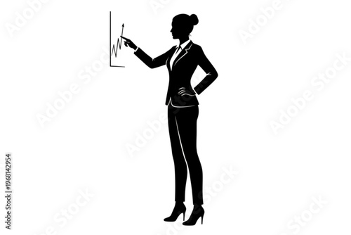 Business woman and graph silhouette: Silhouette of professional woman in business suit points to a graph, the image embodies strategic thinking and data analysis.