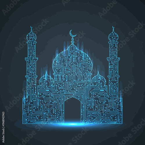 Digital mosque architecture with glowing blue circuit board patterns on a dark background, blending traditional Islamic design with modern technology.