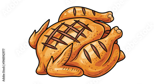 Delicious golden-brown roasted chicken vector art showcasing appetizing grill marks, ideal for culinary themes and food-related designs, a festive