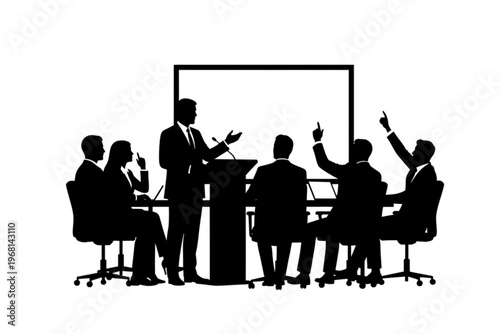 The Boardroom Discourse: Silhouette of a business meeting with a presenter. A focused gathering with individuals deep in conversation, in a professional and productive ambiance.
