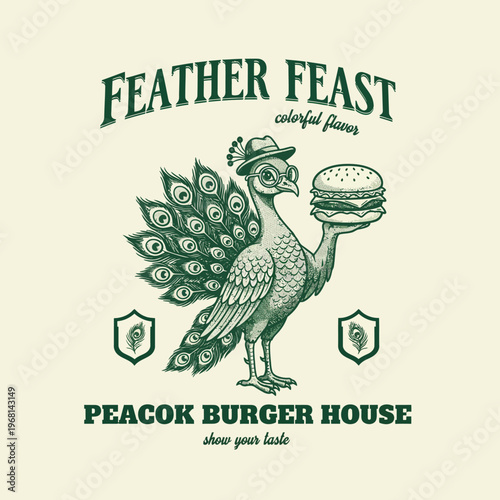 Peacock wearing hat holding burger.