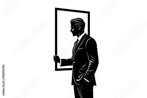 Visionary in Reflection: A distinguished silhouette of a man holding an empty frame, a symbol of potential and introspection. A compelling image of the individual's outlook on the world