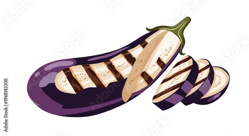 Artistic depiction of perfectly grilled eggplant with distinct char marks, ready for a healthy meal.