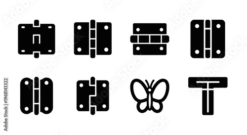 Black metal hardware icons, door hinges, butterfly hinge, T-hinge, 7 piece set, vector graphics